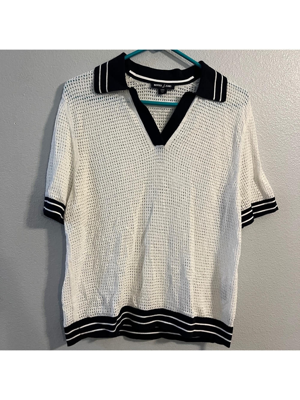 Vintage Nautica Jeans L Open Knit Mesh Polo Shirt White Navy Y2K Preppy